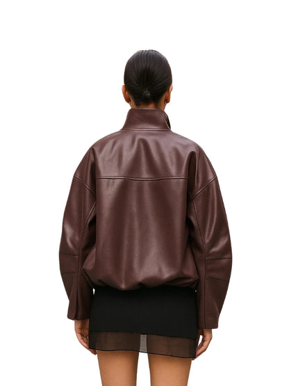 Bubble Hem Vegan Leather Bomber Jacket