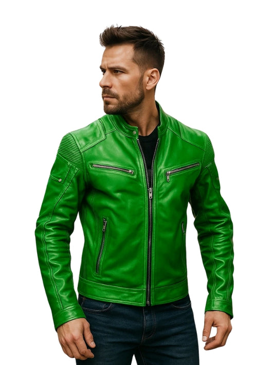 Green Motorcycle Vintage Leather Jacket with Skull – Classic Biker Style
