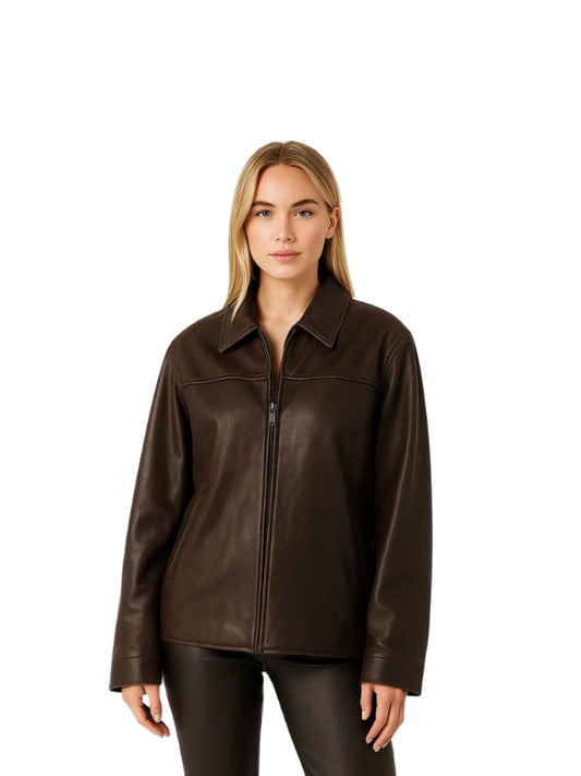 Women's 90s Vintage Oversized Straight Brown Leather Jacket