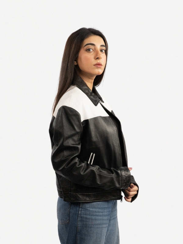 Women’s Black & White Leather Bomber Jacket