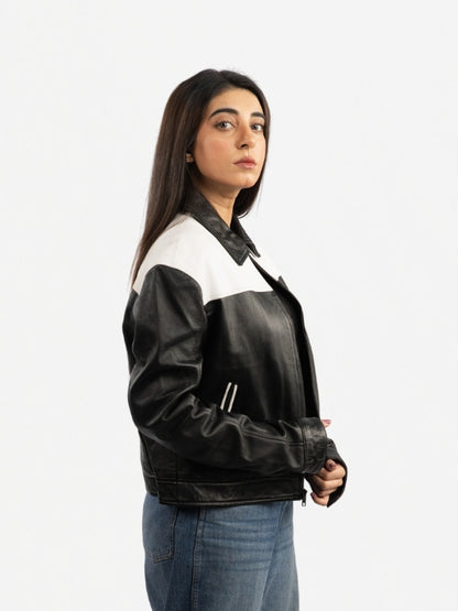 Women’s Black & White Leather Bomber Jacket
