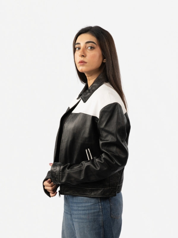 Women’s Black & White Leather Bomber Jacket
