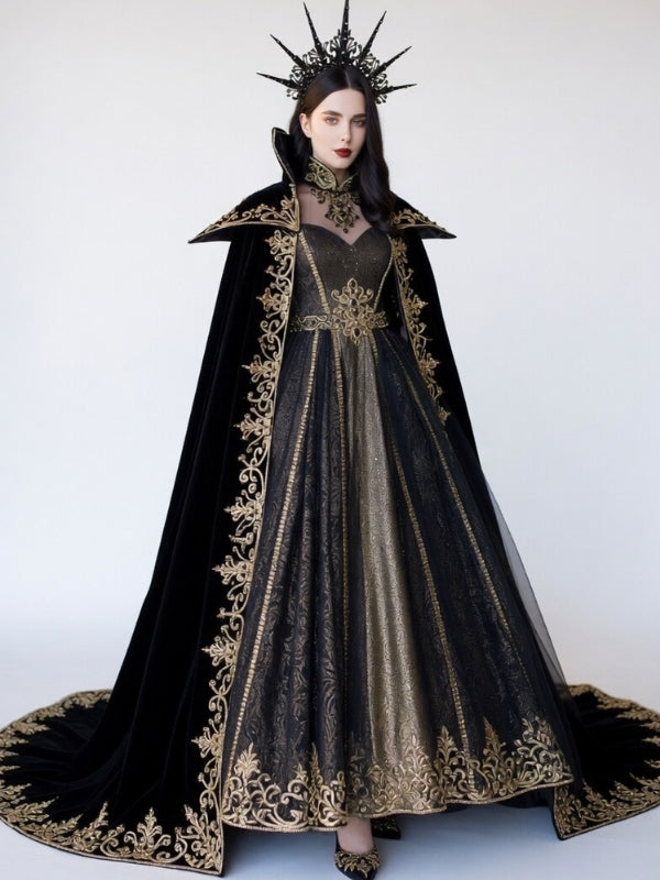 Black Velvet Gothic Queen Cloak Dress with Gold Embroidery & Crown - Dark Empress Fantasy Costume