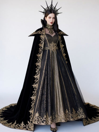 Black Velvet Gothic Queen Cloak Dress with Gold Embroidery & Crown - Dark Empress Fantasy Costume