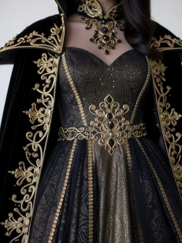 Black Velvet Gothic Queen Cloak Dress with Gold Embroidery & Crown - Dark Empress Fantasy Costume