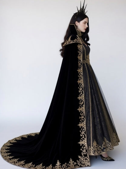 Black Velvet Gothic Queen Cloak Dress with Gold Embroidery & Crown - Dark Empress Fantasy Costume