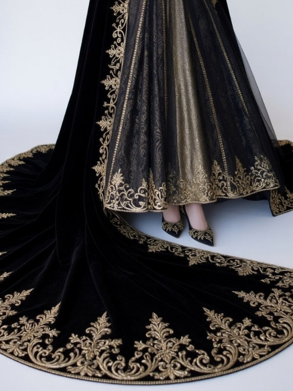 Black Velvet Gothic Queen Cloak Dress with Gold Embroidery & Crown - Dark Empress Fantasy Costume