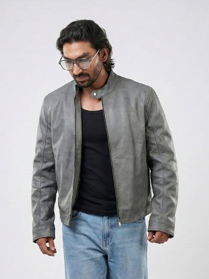 Men’s Biker Grey Leather Jacket