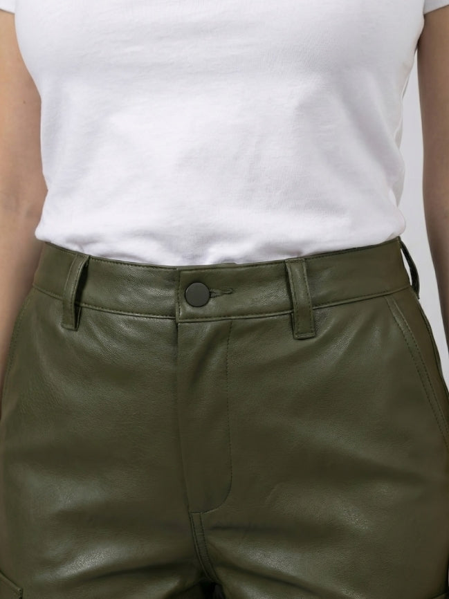 Women’s Cargo Style Green Leather Pant