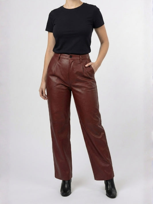 Women’s Baggy Style Maroon Leather Pant