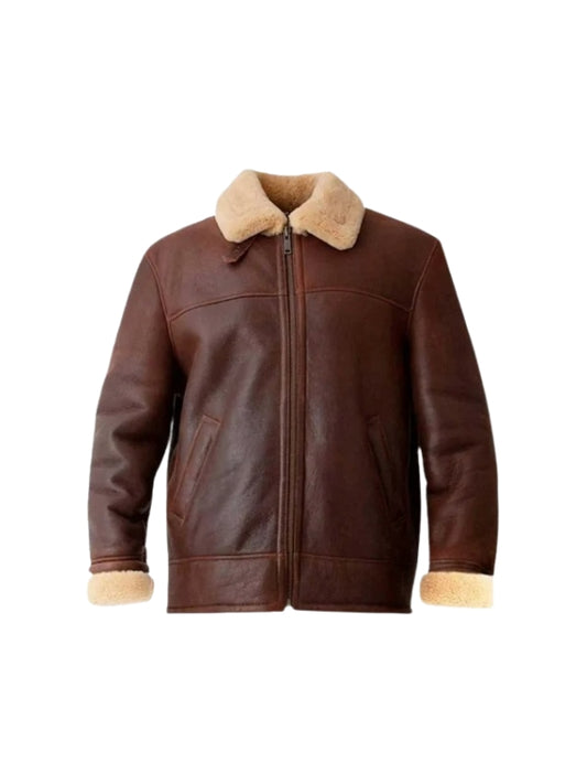 Men's Brown Aviator Genuine Sheepskin Shearling B3 Bomber Leather Jacket