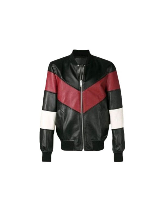 Men's Genuine Leather Multicolor Stripe Motorcycle Bomber Leather Jacket