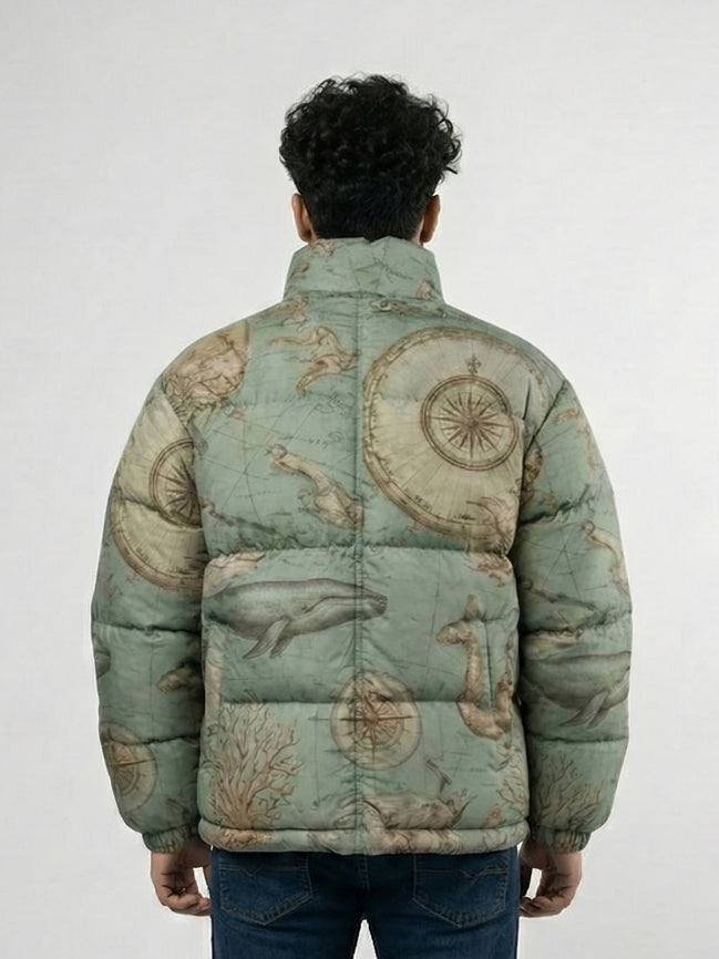 Sage Green Vintage Map Print Puffer Jacket