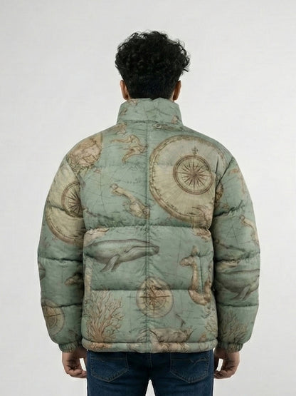 Sage Green Vintage Map Print Puffer Jacket