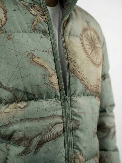 Sage Green Vintage Map Print Puffer Jacket