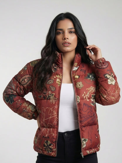 Abstract Floral Pattern Puffer Jacket