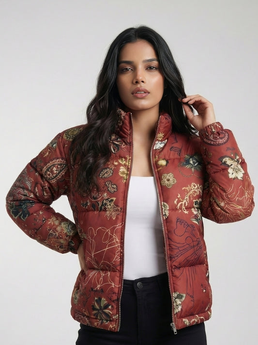 Abstract Floral Pattern Puffer Jacket