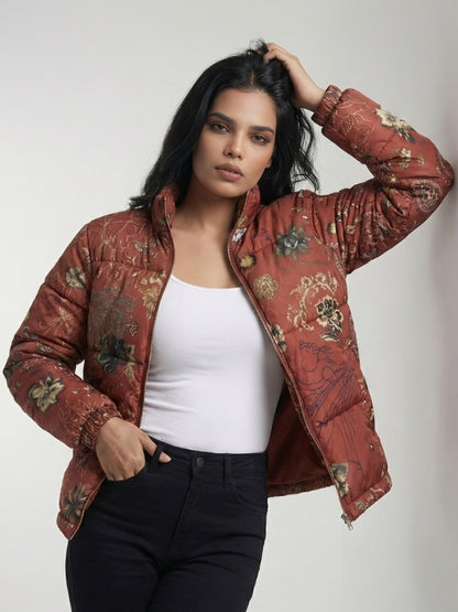 Abstract Floral Pattern Puffer Jacket