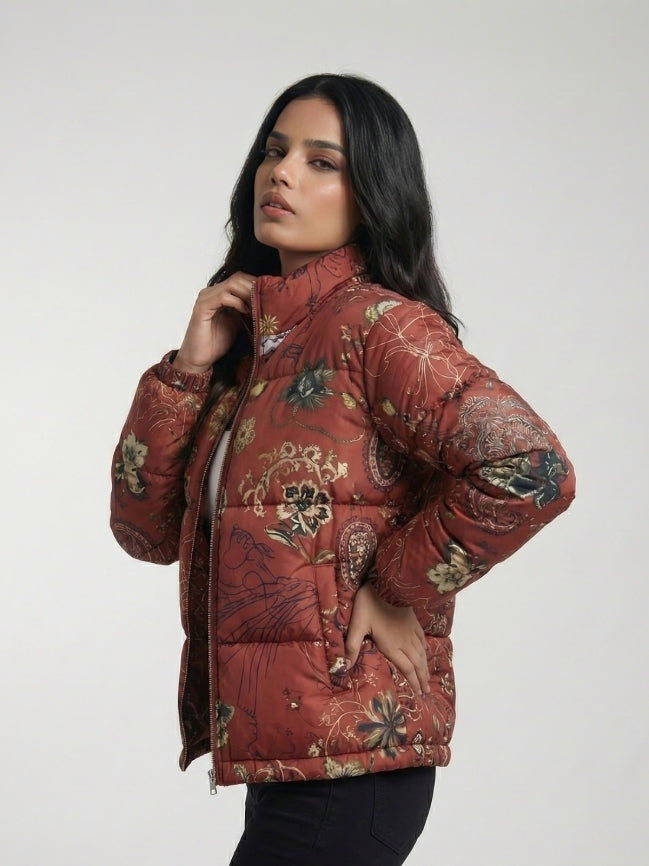 Abstract Floral Pattern Puffer Jacket