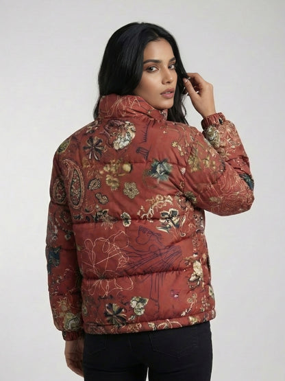 Abstract Floral Pattern Puffer Jacket
