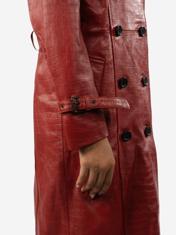 Premium Red Alligator Texture Long Leather Coat – Double Breasted