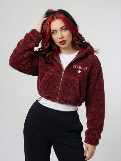 STARLET Women’s Rose Embroidered Cropped Sherpa Jacket