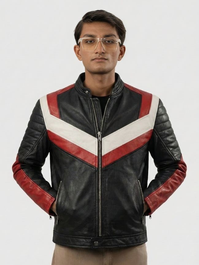 Men’s Black & Red Stripes Biker Leather Jacket