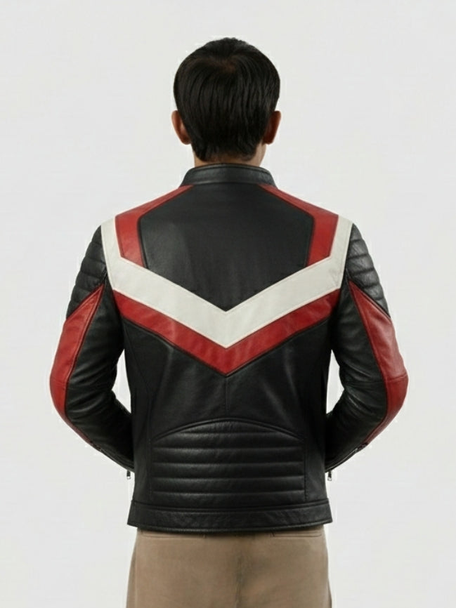Person wearing a black leather jacket with red and white design on a white background