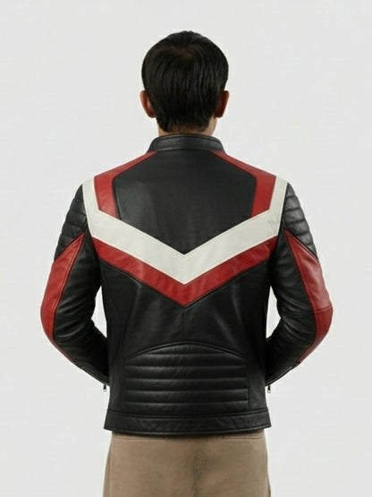 Person wearing a black leather jacket with red and white design on a white background