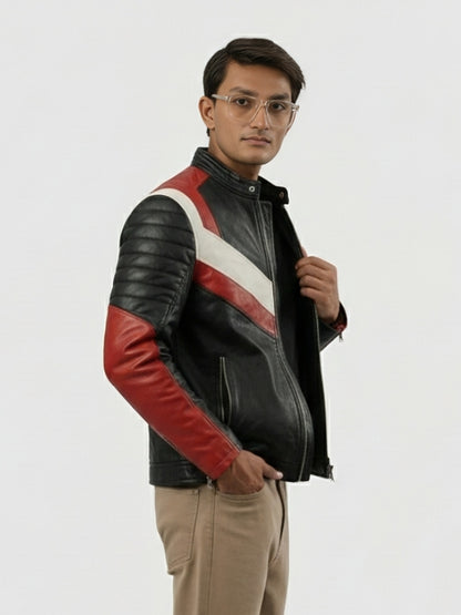 Men’s Black & Red Stripes Biker Leather Jacket