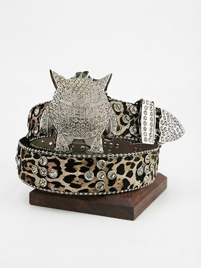 Leopard-Print Monster Buckle Leather Belt