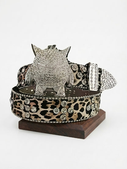 Leopard-Print Monster Buckle Leather Belt