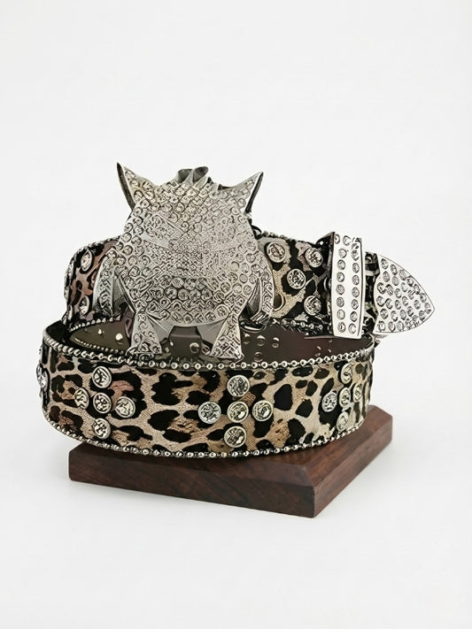 Leopard-Print Monster Buckle Leather Belt