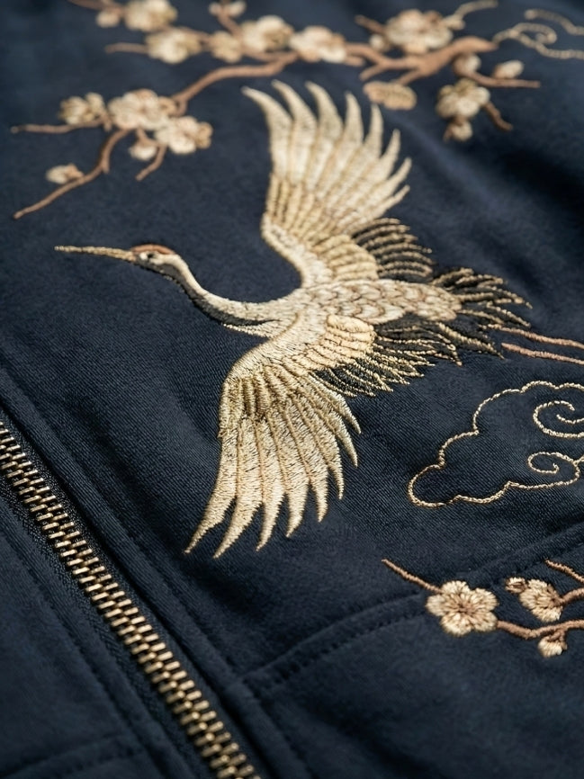 Men’s Navy Crane Embroidered Fleece Hoodie