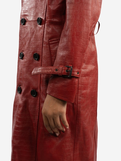 Premium Red Alligator Texture Long Leather Coat – Double Breasted