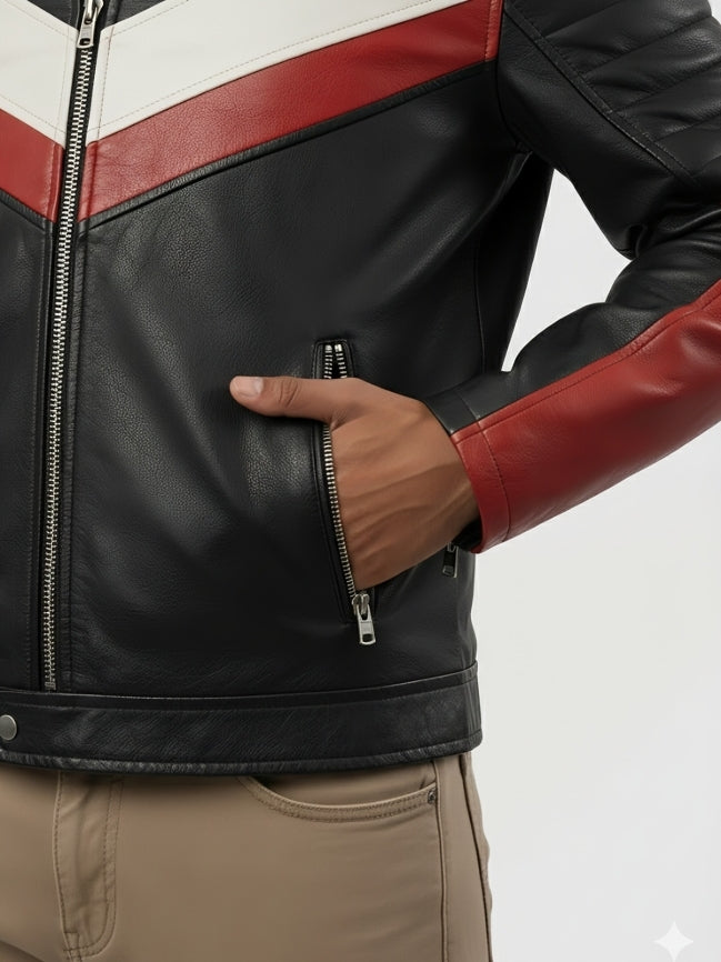 Black leather jacket with red and white accents on a neutral background