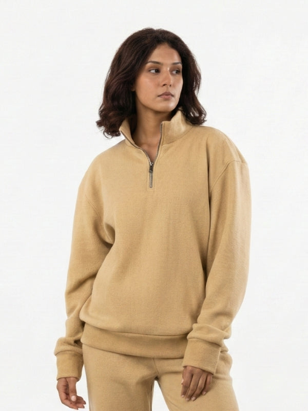 Unisex Casual Zip-Neck Beige Fleece Tracksuit