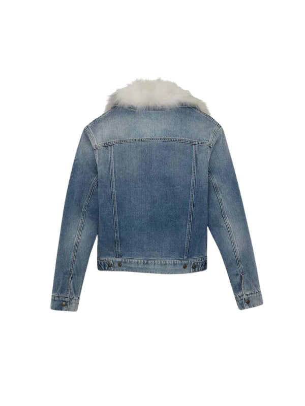 Women's Real Shearling Housewives Fur Collar Blue Denim Jacket