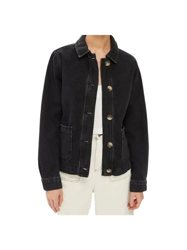 Women's Real Denim Viscose Lining Long Sleeves Black Leather Jacket