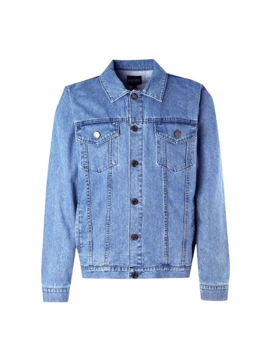 Men's Blue Viscose Lining Long Sleeves American Flag Real Denim Leather Jacket