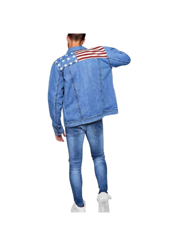 Men's Blue Viscose Lining Long Sleeves American Flag Real Denim Leather Jacket
