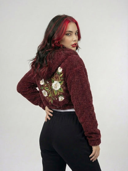 STARLET Women’s Rose Embroidered Cropped Sherpa Jacket