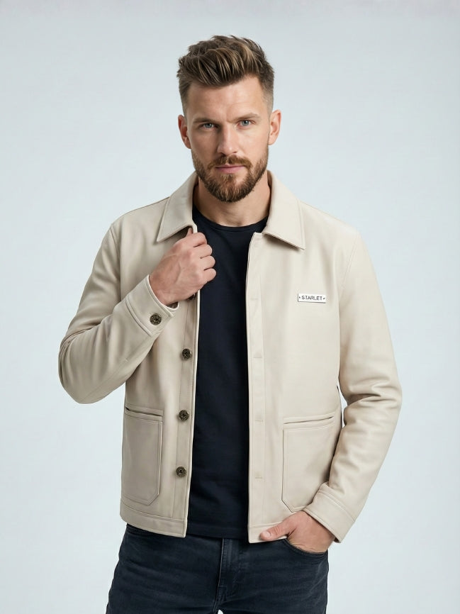 Modern Fit Cream Leather Jacket for Men