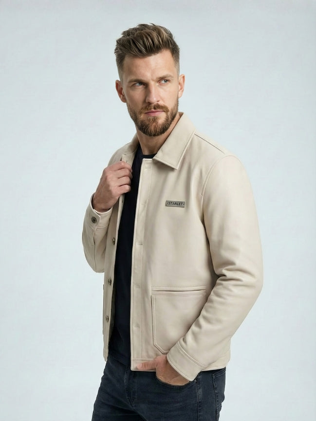 Modern Fit Cream Leather Jacket for Men