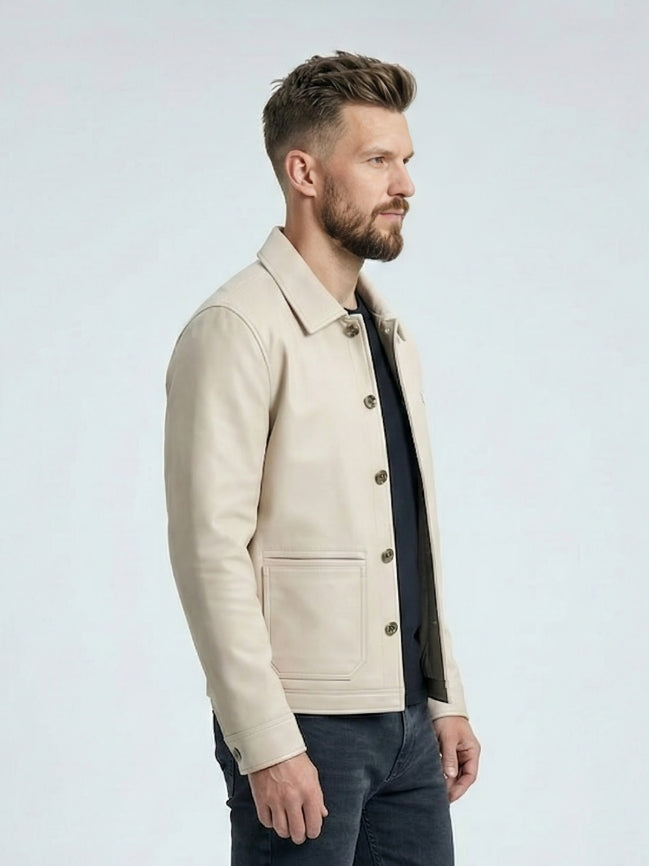 Modern Fit Cream Leather Jacket for Men