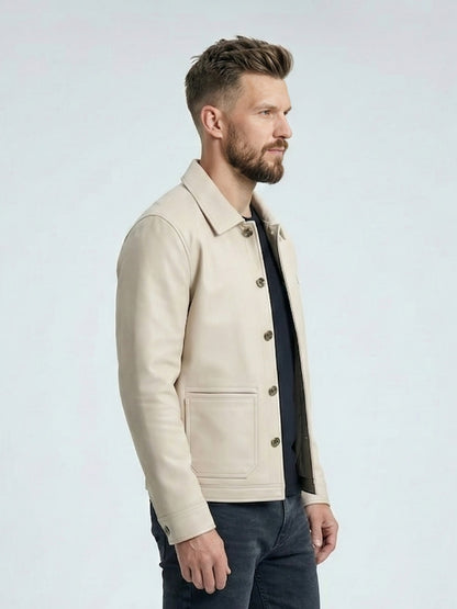 Modern Fit Cream Leather Jacket for Men