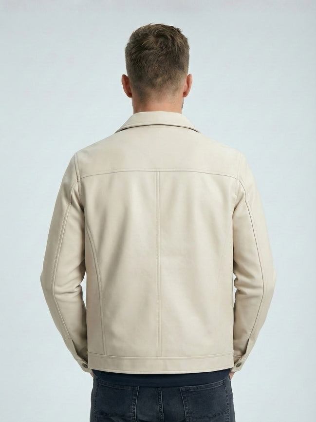 Modern Fit Cream Leather Jacket for Men