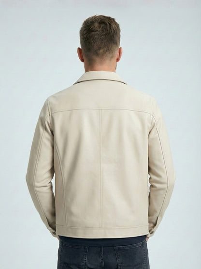 Modern Fit Cream Leather Jacket for Men