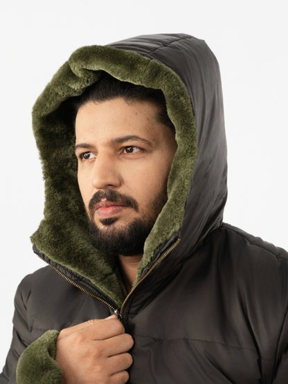 Men’s Reversible Hooded Jacket – Olive & Black Double Sided