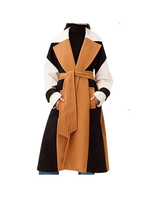Women's Handmade Tri-color Real Wool Long Sleeves Trench Coat